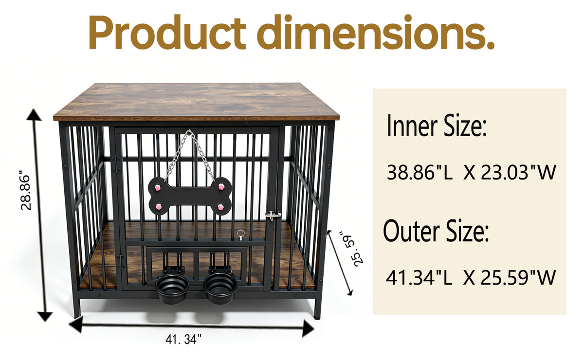 Wood Grain Metal Dog Crate Furniture – Double Outside-Fill Bowls, Bone Door Plaque, Brown &amp; Black – view 7
