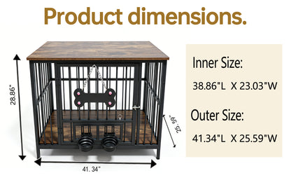 Wood Grain Metal Dog Crate Furniture – Double Outside-Fill Bowls, Bone Door Plaque, Brown &amp; Black – view 7
