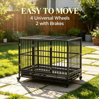 48 in Heavy-Duty Dog Crate with Locking Wheels – Double Door, Removable Tray, Gray – view 5