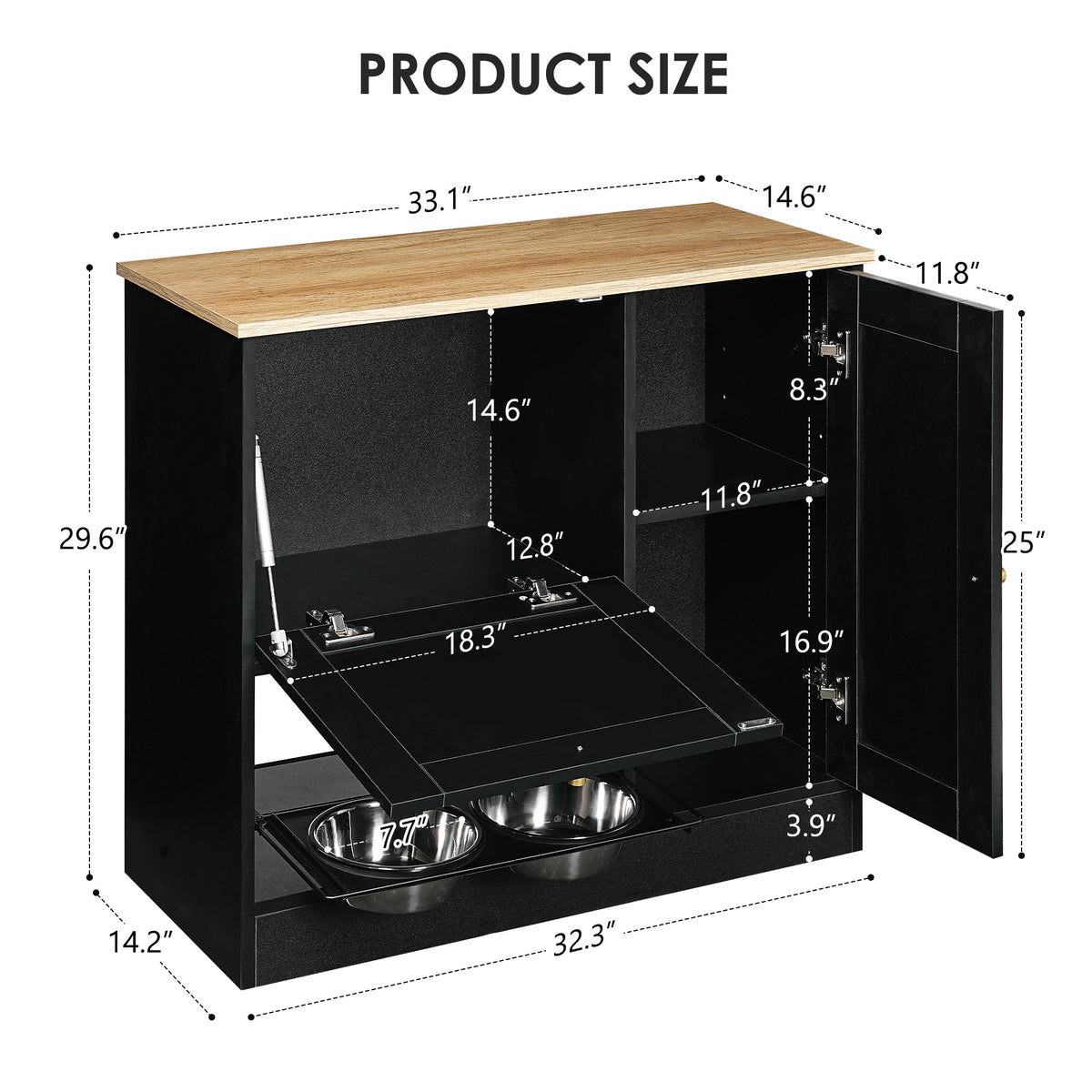 Hidden Dog Feeding Station with 2 Cabinets – Pull-Out Bowls, Rattan Doors, Black – view 9