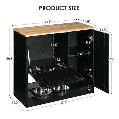 Hidden Dog Feeding Station with 2 Cabinets – Pull-Out Bowls, Rattan Doors, Black – view 9