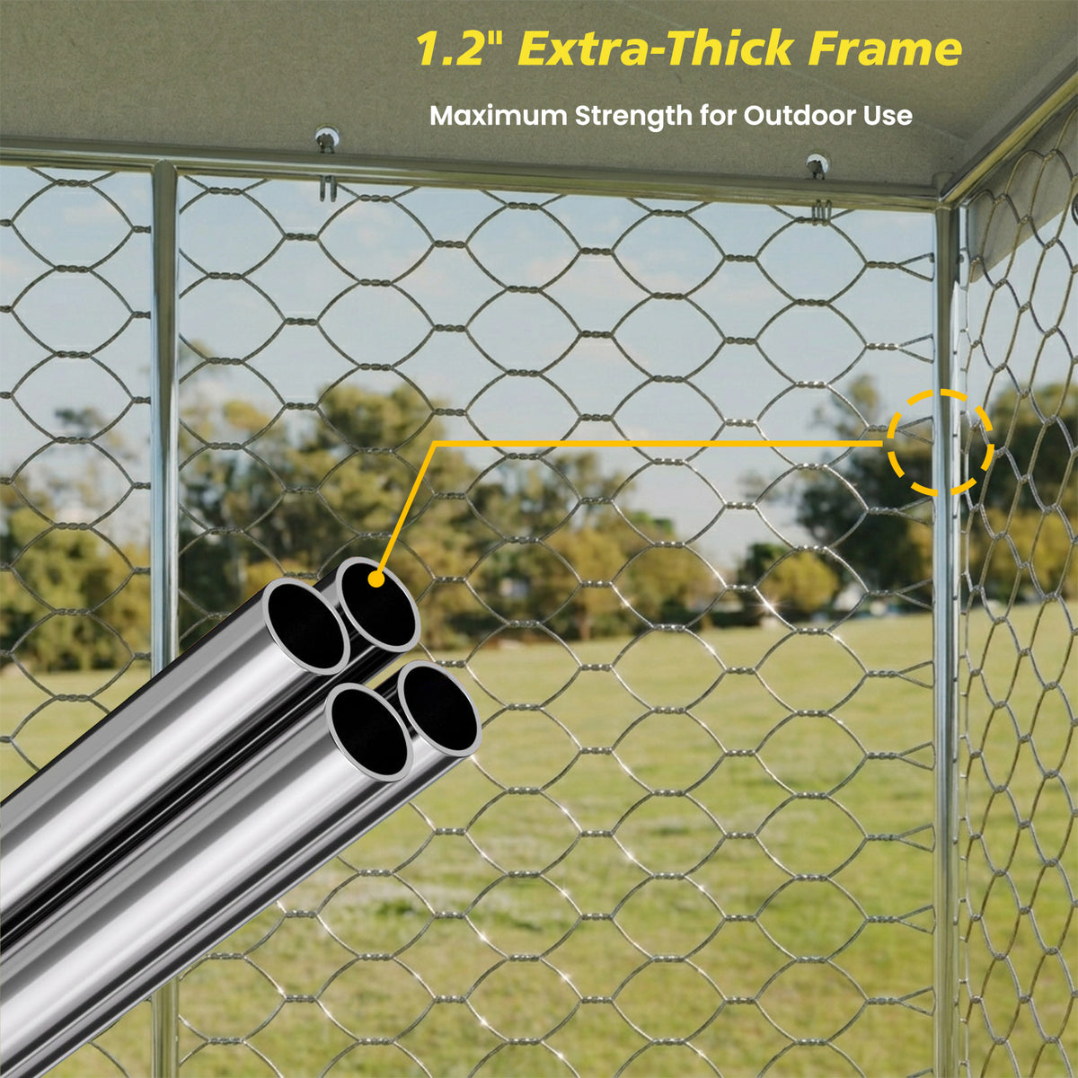 Large Outdoor Dog Kennel with Canopy – 20x10 Ft, Galvanized Steel, Elevated Feeding Bowls, Silver – view 9