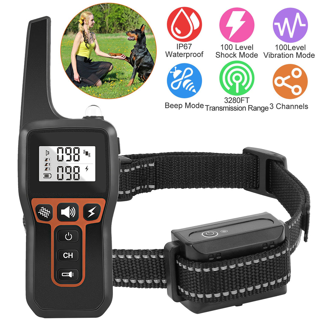 3280 ft Remote Dog Training Collar – Beep, Vibration &amp; Static (1–100), IP67, Set or Receiver Only