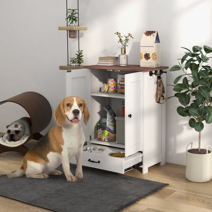 Dog Feeding Cabinet with Hidden Bowls, Adjustable Shelf &amp; Leash Hooks, Medium Dogs, White – view 2
