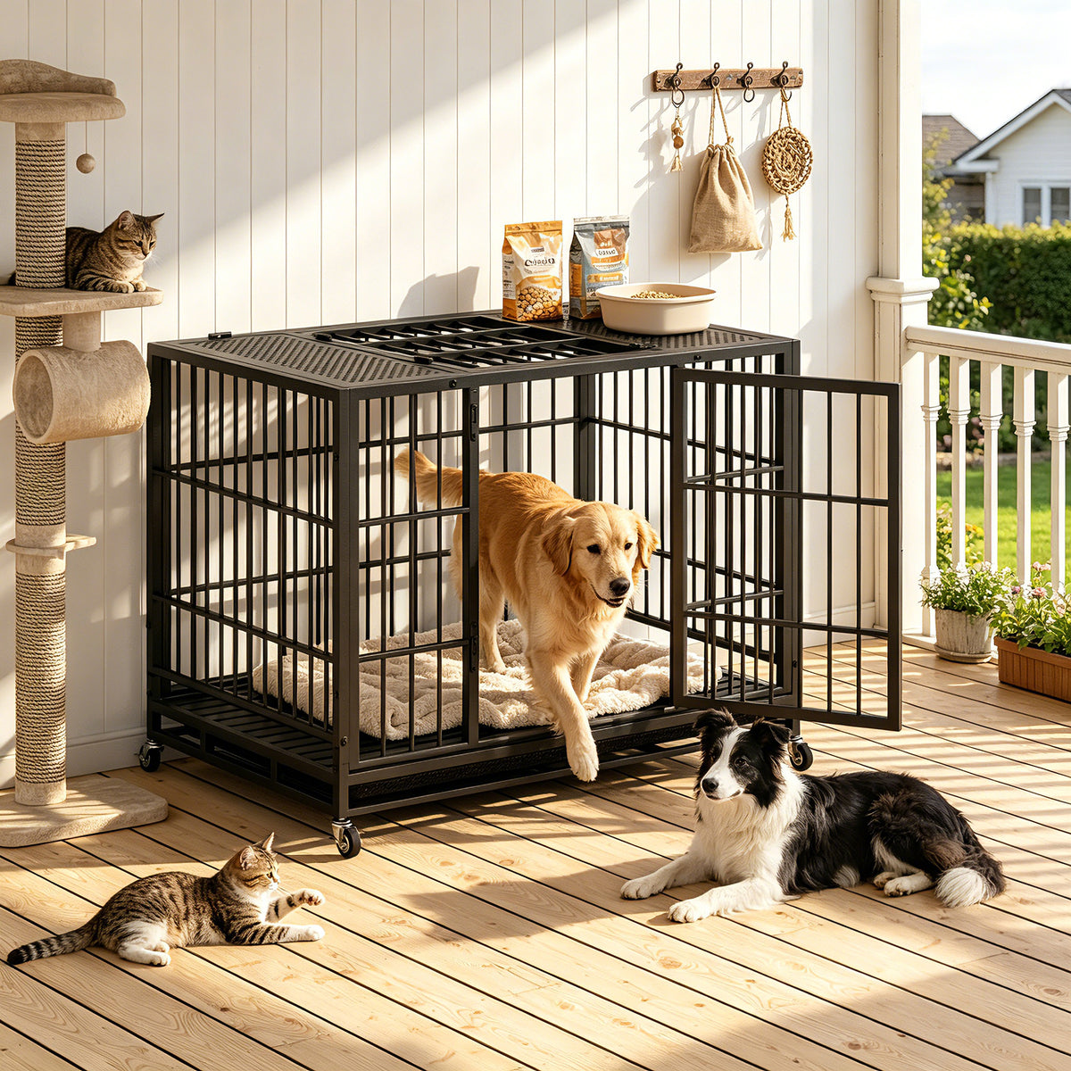 Heavy-Duty Metal Dog Crate on Wheels – Double Doors, Perforated Top, Slide-Out Tray, Black – view 8