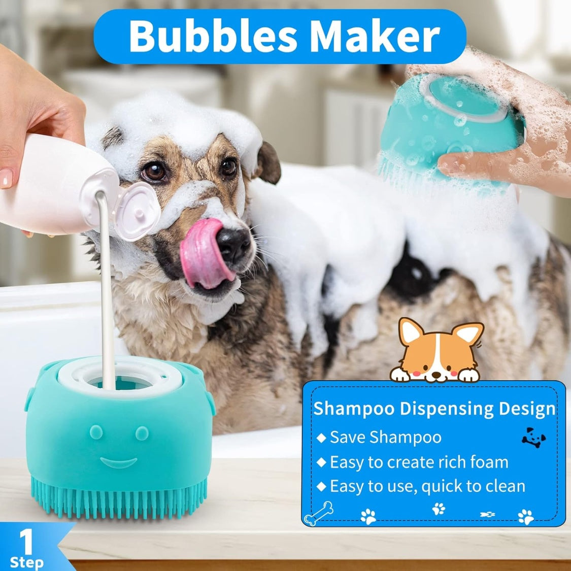 Dog Bath Brush Set – Shampoo Dispensing Brush &amp; 2 Adjustable Ring-Handle Scrubbers, Blue – view 2
