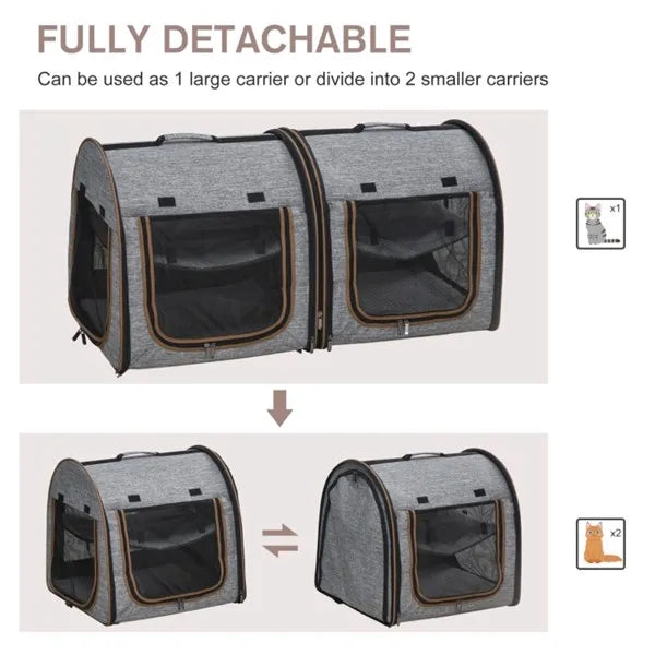 Foldable Double Cat Carrier – Converts to 2 Carriers, Mesh Windows, Seat Belt Strap, Gray – view 4