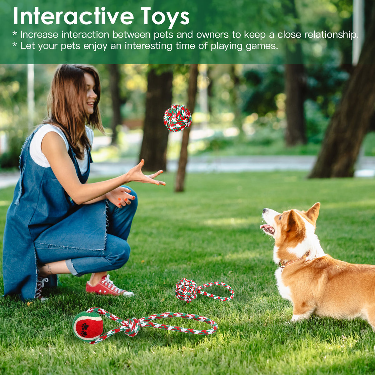 Christmas Rope Dog Chew Toys 5-Piece Set, Red, Green and White Cotton Knots and Ball – view 3
