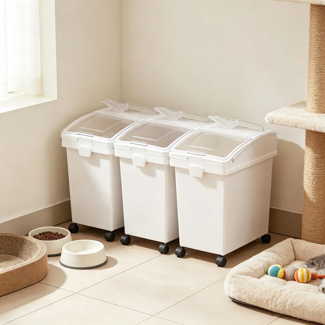 Airtight 25 L Pet Food Storage Containers with Wheels &amp; Scoops, 3-Pack