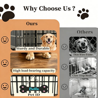 Wood Grain Metal Dog Crate Furniture – Double Outside-Fill Bowls, Bone Door Plaque, Brown &amp; Black – view 5