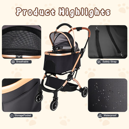 2-in-1 Detachable Pet Stroller – One-Hand Fold, Carry Basket, Sun Canopy, Storage Basket, Black – view 6