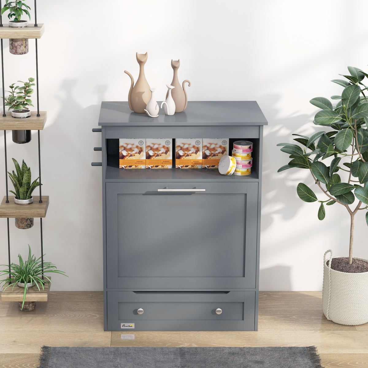 Pet Feeder Station Storage Cabinet with Pull-Out Raised Bowls, Shelf &amp; Leash Hooks, Gray – view 7