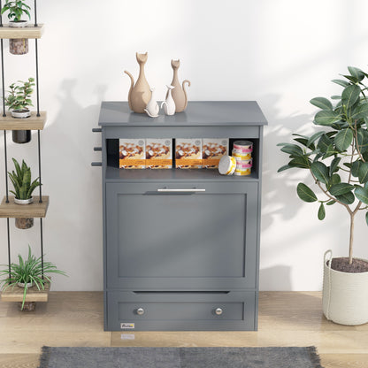 Pet Feeder Station Storage Cabinet with Pull-Out Raised Bowls, Shelf &amp; Leash Hooks, Gray – view 7