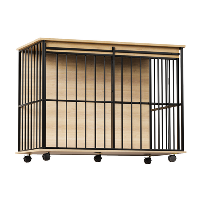 Wooden Dog Crate Furniture – Large Kennel End Table with Sliding Door and Tray, Black and Natural – view 4
