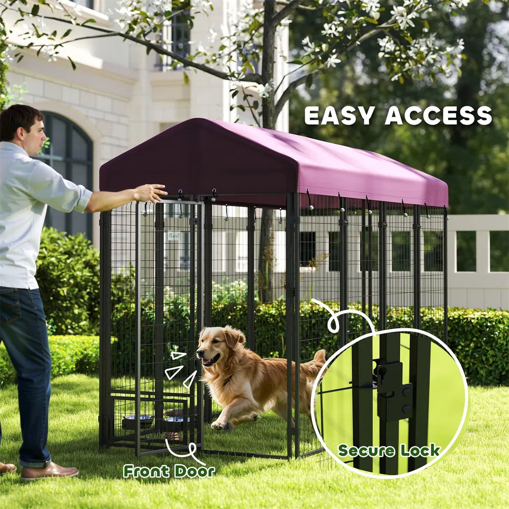 Large Outdoor Dog Kennel with Roof Cover – 30 sq ft, 12 Wire Panels, Rotating Bowl Holders, Red – view 9