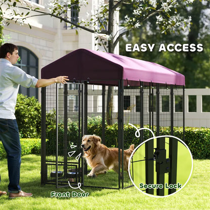 Large Outdoor Dog Kennel with Roof Cover – 30 sq ft, 12 Wire Panels, Rotating Bowl Holders, Red – view 9