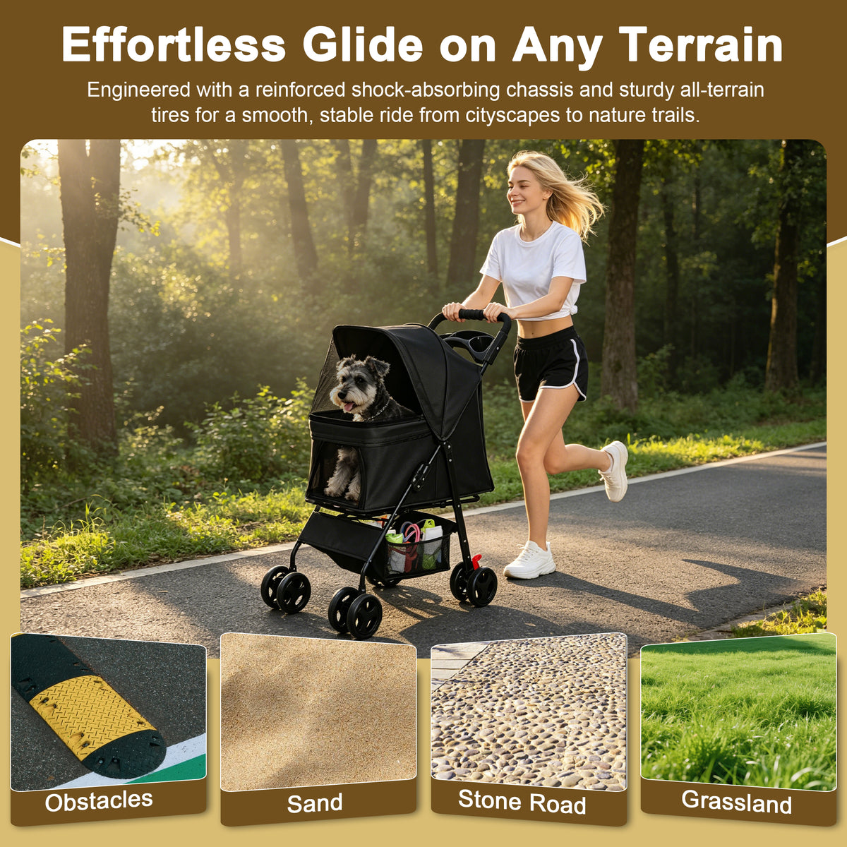 Foldable Pet Stroller for Small Dogs and Cats – One-Hand Fold, Tray, Storage Basket, Black – view 6