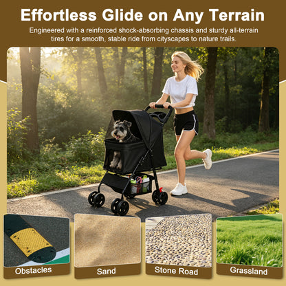 Foldable Pet Stroller for Small Dogs and Cats – One-Hand Fold, Tray, Storage Basket, Black – view 6