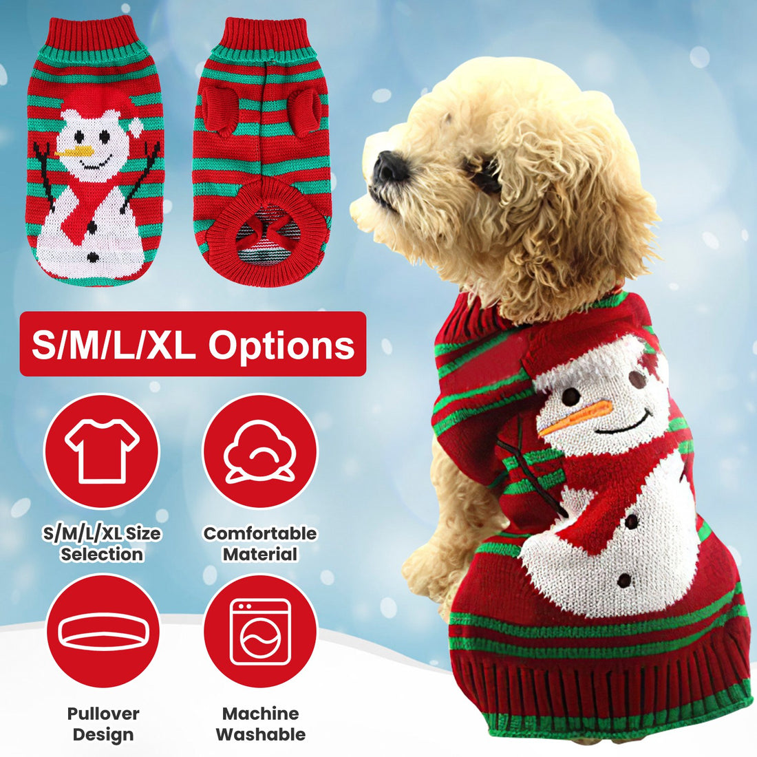 Christmas Turtleneck Pet Sweater with Snowman or Pom-Pom Stripes for Small Dogs &amp; Cats – view 2