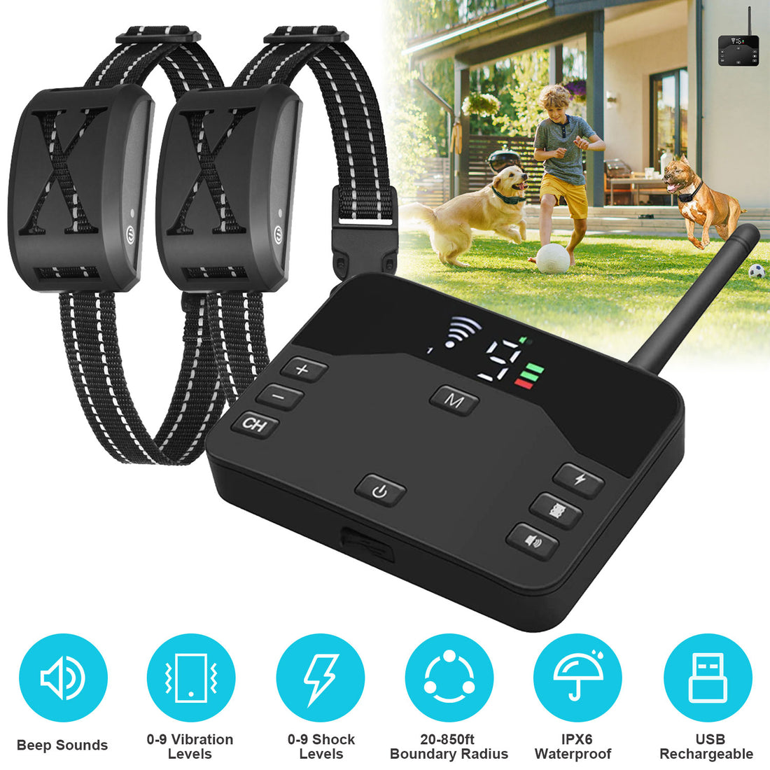 2-in-1 Wireless Dog Fence &amp; Training Collar – 20–850 ft, IPX6, 1 or 2 Collars