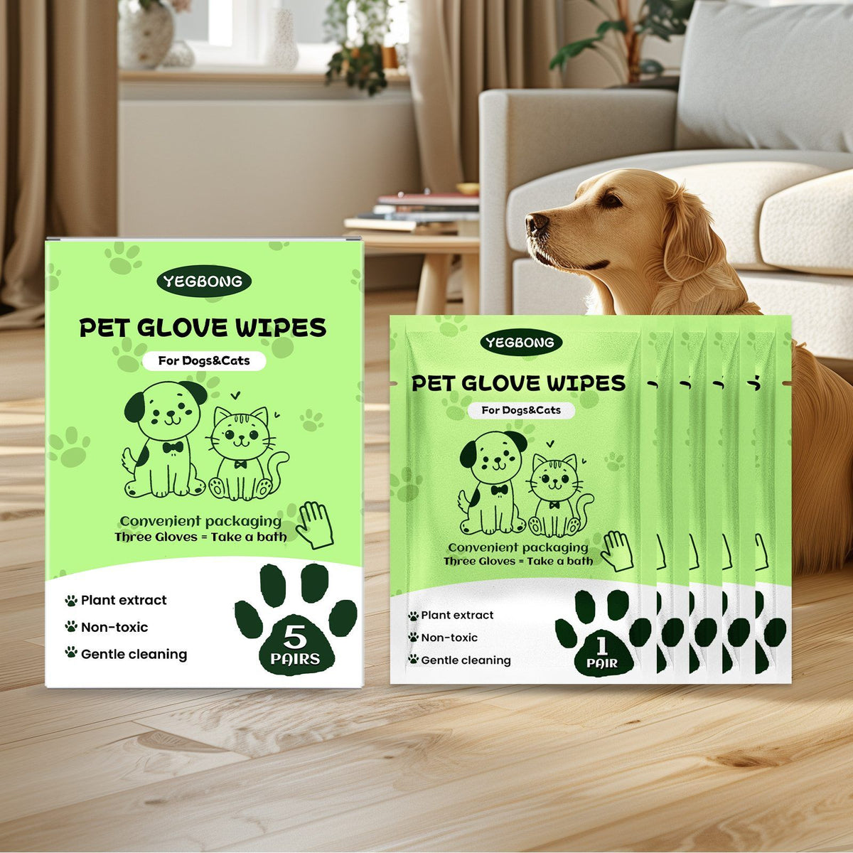 Disposable Pet Glove Wipes for Dogs and Cats – Moist Coat and Paw Wipes, 5 Pack – view 4