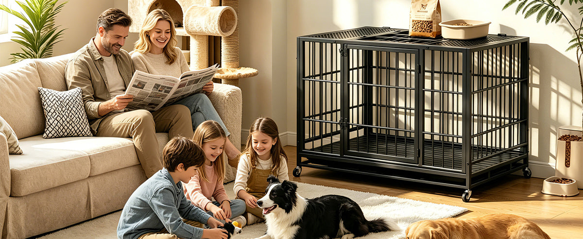 Heavy-Duty Metal Dog Crate on Wheels – Double Doors, Perforated Top, Slide-Out Tray, Black – view 5