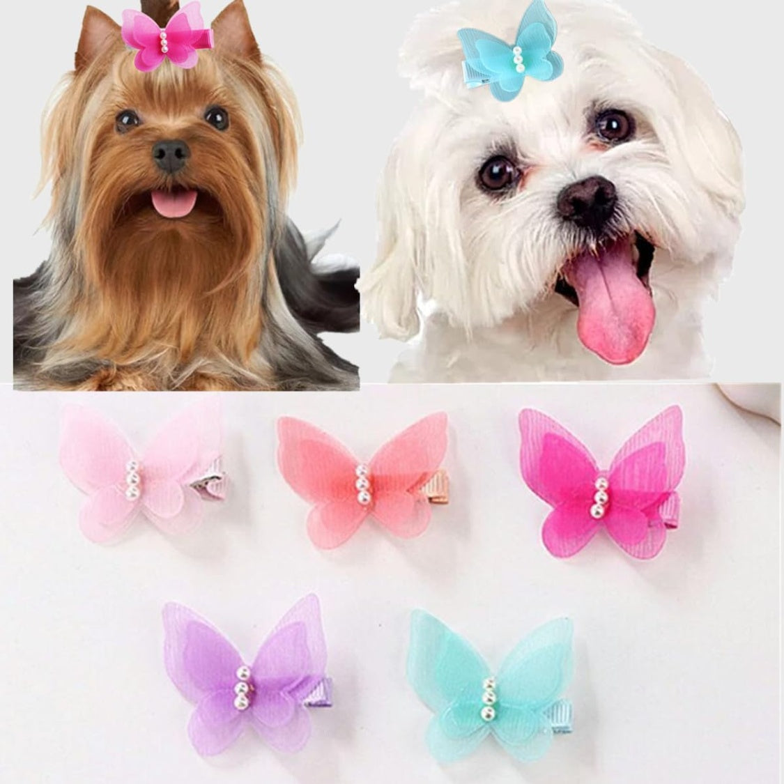 Butterfly Pearl Pet Hair Clips 10-Pack – Bowknot Grooming Accessories for Dogs &amp; Cats, Mixed Colors