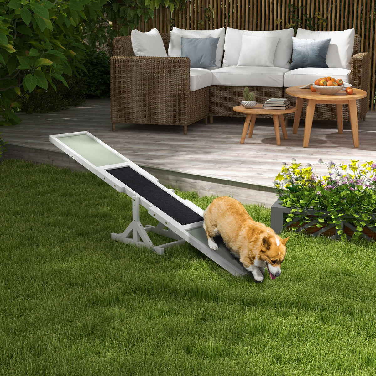 Wooden Dog Agility Seesaw – Anti-Slip Fir Wood Balance Board for Training, 71 in – White