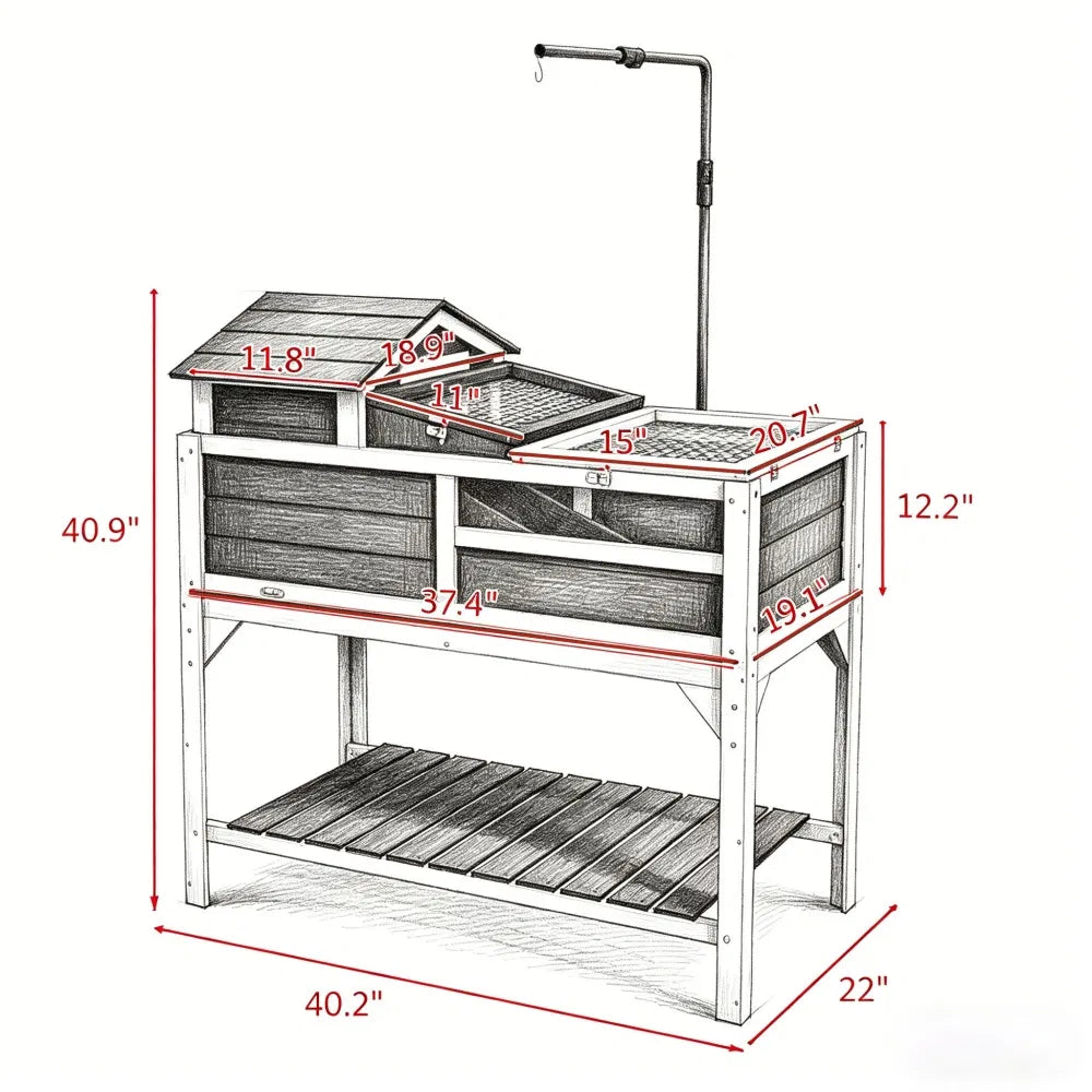Two-Level Wooden Tortoise House with Run, Lamp Holder, Ramp &amp; Storage Shelf, Gray and White – view 3