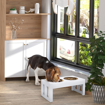 23 in Modern Raised Dog Bowl Stand with 2 Stainless Steel Bowls, Wooden Feeding Station, White
