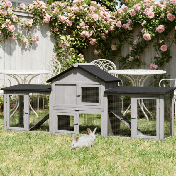 Wooden Rabbit Hutch with Run – Raised House, Ramp &amp; Slide-Out Tray, 82.75" Long, Gray
