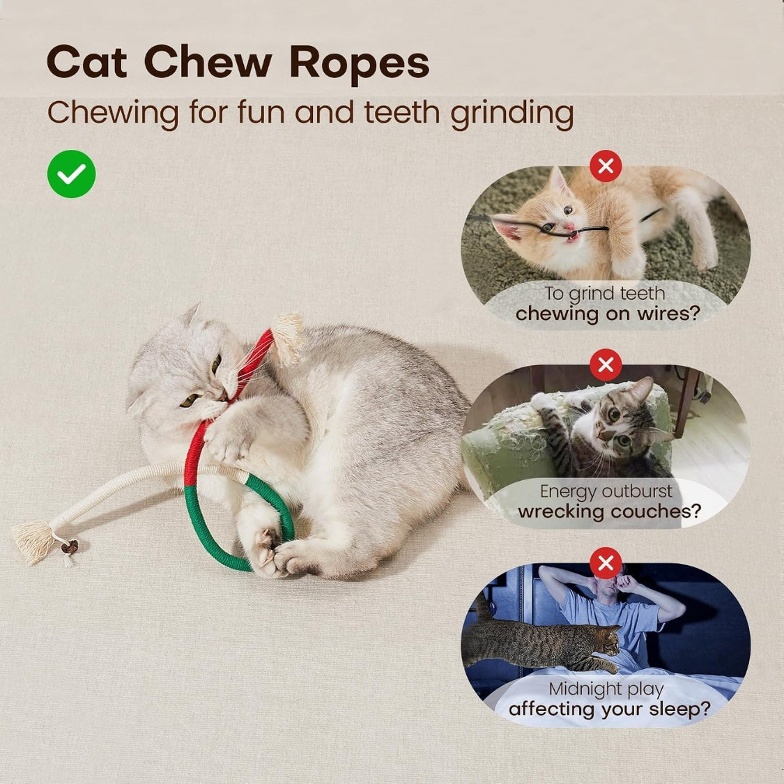 Cat Chew Rope Toys 3-Piece Set with Refillable Catnip Bag, Cotton Rope with Tassels – view 6