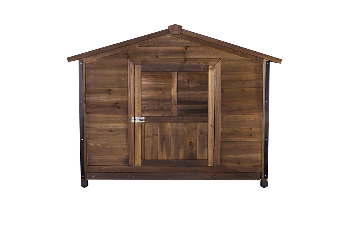 Wooden Cabin Dog House with Iron Frame – Asphalt Roof, Covered Porch, Large Dogs, Antique Brown – view 4