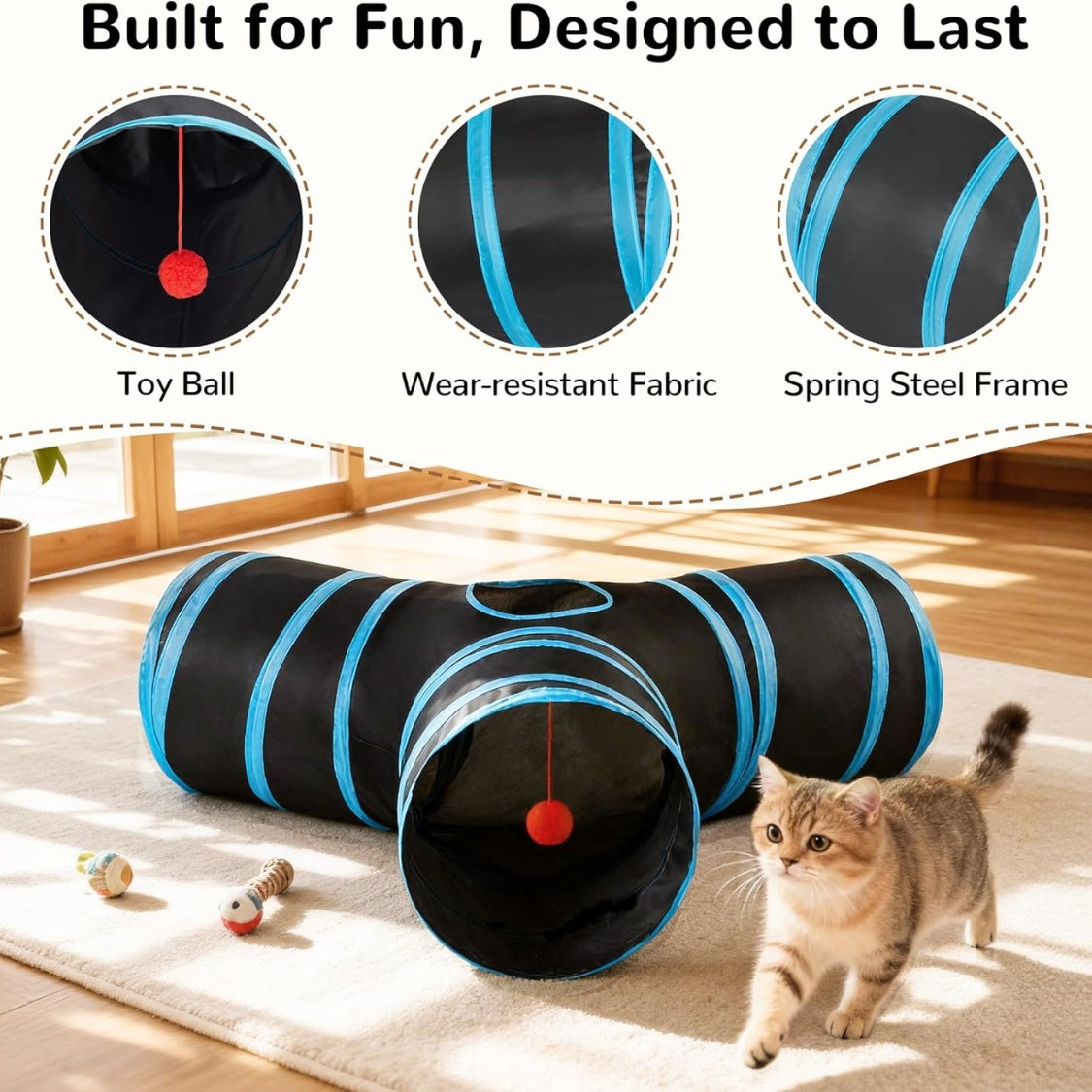 3-Way Collapsible Cat Tunnel – Indoor Play Tube with Peek Holes &amp; Dangling Ball, Black – view 2