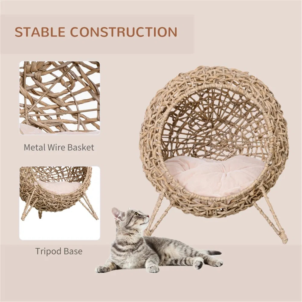 Elevated Wicker Cat House with Cushion – Hand-Woven Water Hyacinth Cat Bed, Natural – view 2