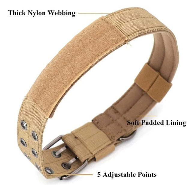 Wide Tactical Nylon Dog Collar – Heavy Duty 1.65" Width, Metal Buckle, Neoprene Lined, Brown – view 3