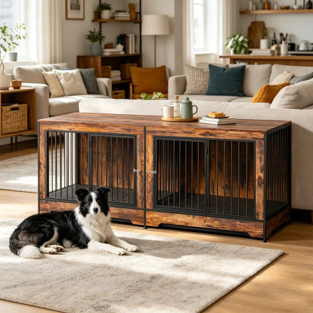 Double Dog Crate Furniture with Divider – End Table / TV Stand for 2 Dogs – view 6