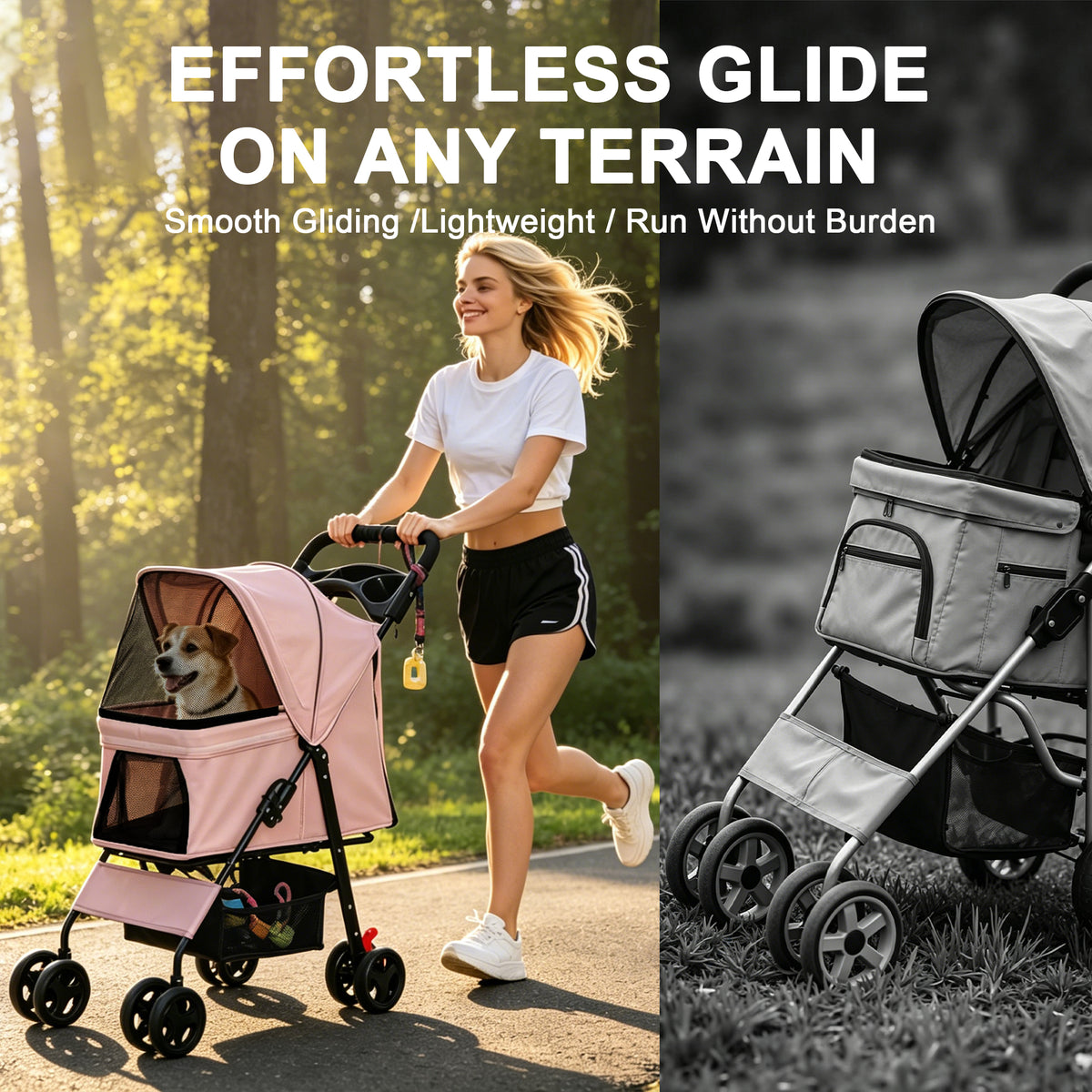 Foldable Pet Stroller for Small Dogs and Cats – One-Hand Fold, Tray, Storage Basket, Pink – view 6