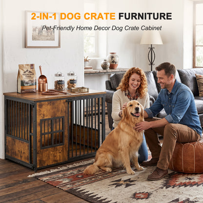 Wooden Dog Crate Furniture with Storage Top – Large Indoor Kennel, Antique Brown – view 9