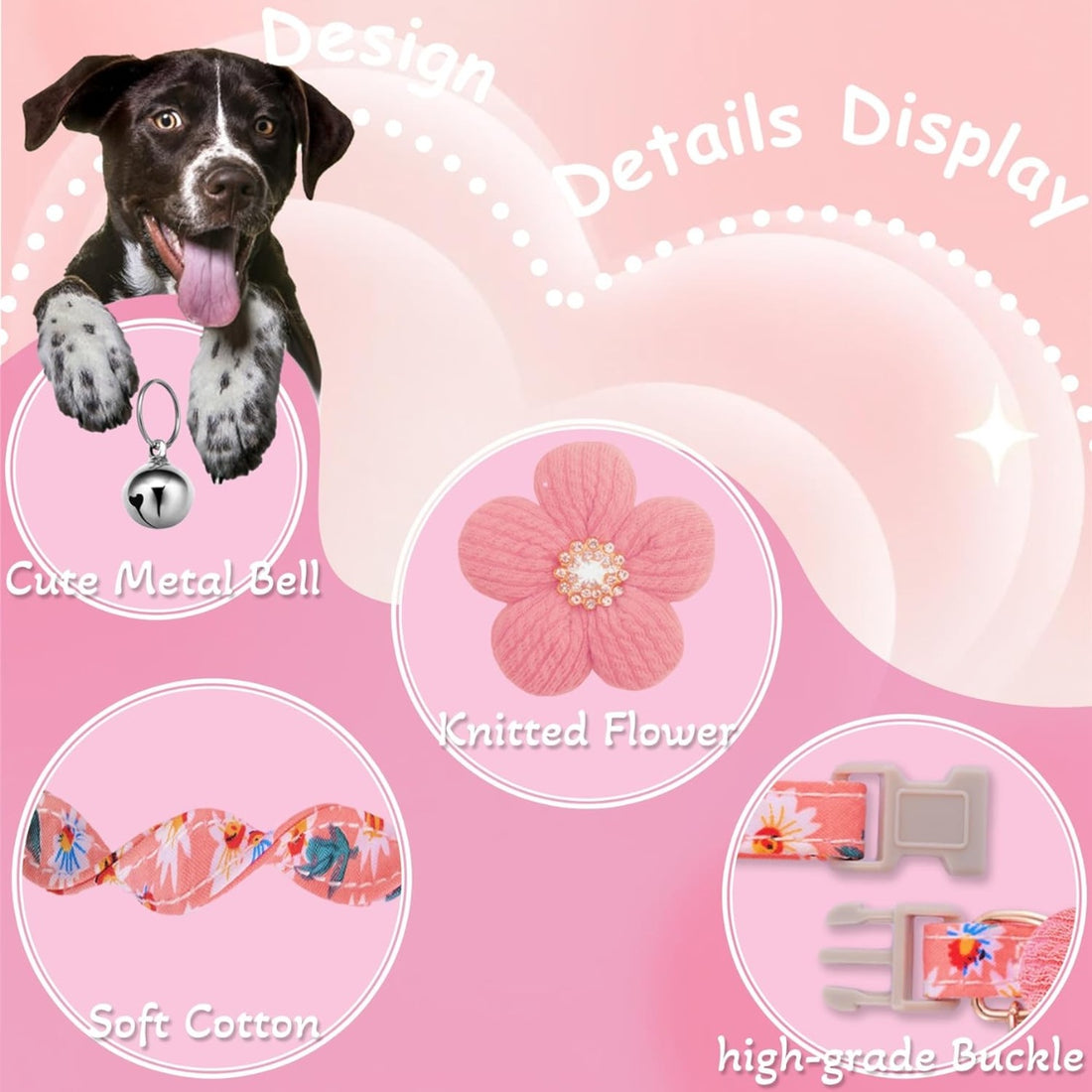 Flower Dog Collar with Bell – Cute Floral Cotton Collar for Small Girl Dogs, Adjustable, Pink – view 2