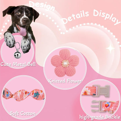 Flower Dog Collar with Bell – Cute Floral Cotton Collar for Small Girl Dogs, Adjustable, Pink – view 2