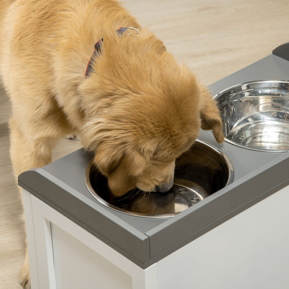 Elevated Dog Feeding Station with Sliding Storage Drawer – 2 Stainless Steel Bowls, White – view 7