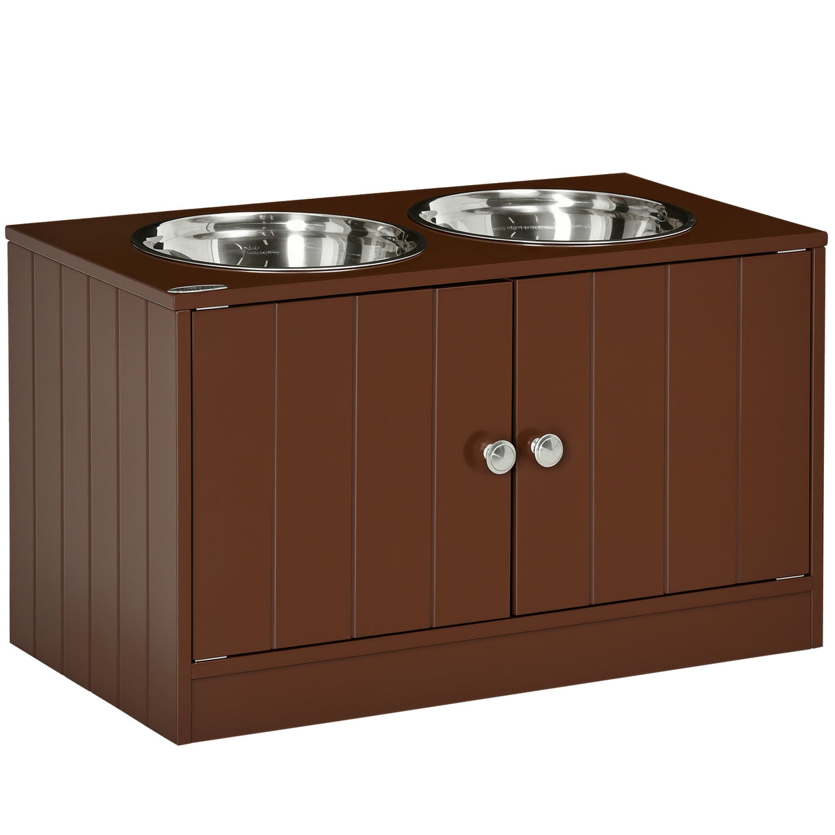 Elevated Dog Bowls with Storage Cabinet – Magnetic Doors, 2 Stainless Steel Bowls, Brown – view 9