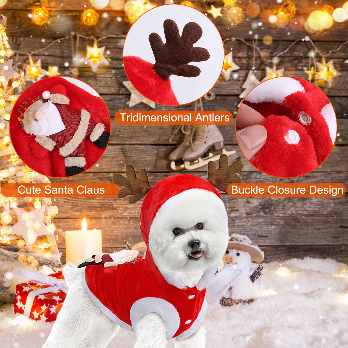 Santa Claus Christmas Pet Costume with 3D Reindeer Antlers for Small Dogs &amp; Cats, Red – view 7