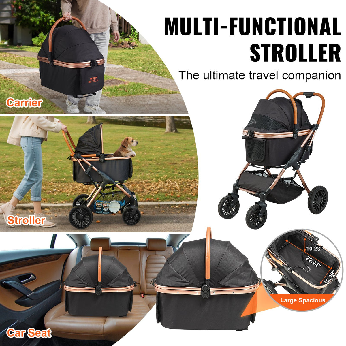 4-Wheel Dog Stroller with Detachable Carrier – Aluminum Frame, Brakes, Up to 66 lbs, Black – view 5