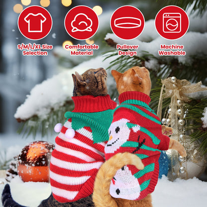 Christmas Turtleneck Pet Sweater with Snowman or Pom-Pom Stripes for Small Dogs &amp; Cats