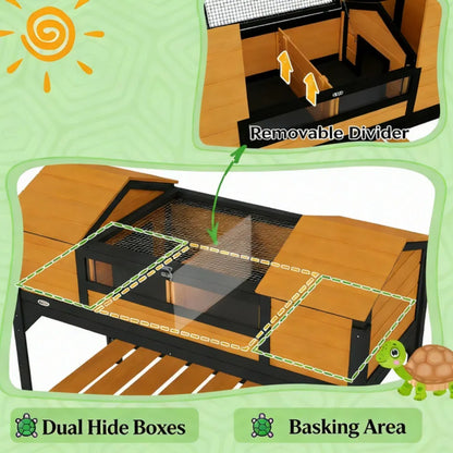 Wooden Tortoise House with Dual Hide Boxes, Divided Run &amp; Lamp Holder, Yellow and Black – view 8