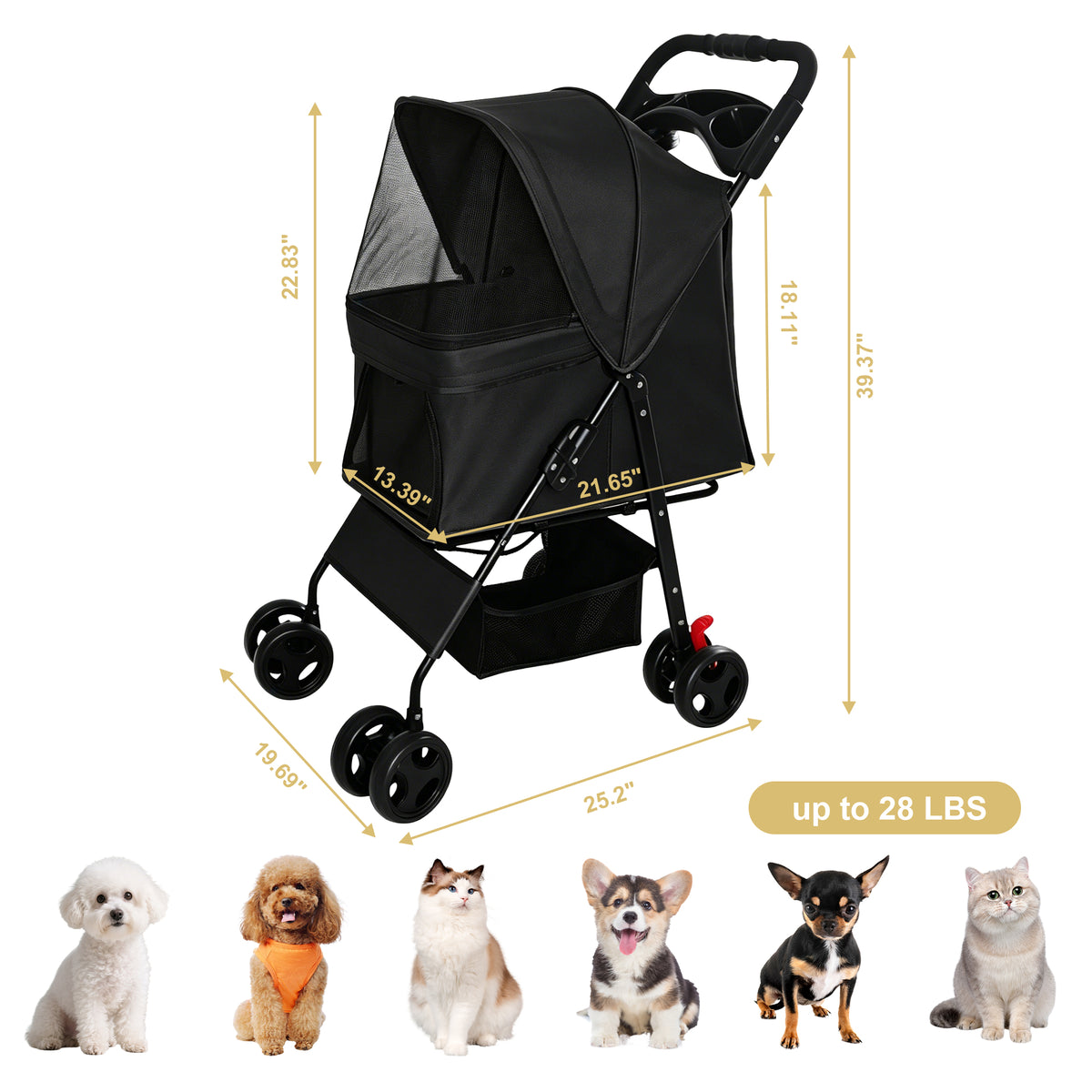 Foldable Pet Stroller for Small Dogs and Cats – One-Hand Fold, Tray, Storage Basket, Black – view 4