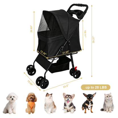 Foldable Pet Stroller for Small Dogs and Cats – One-Hand Fold, Tray, Storage Basket, Black – view 4