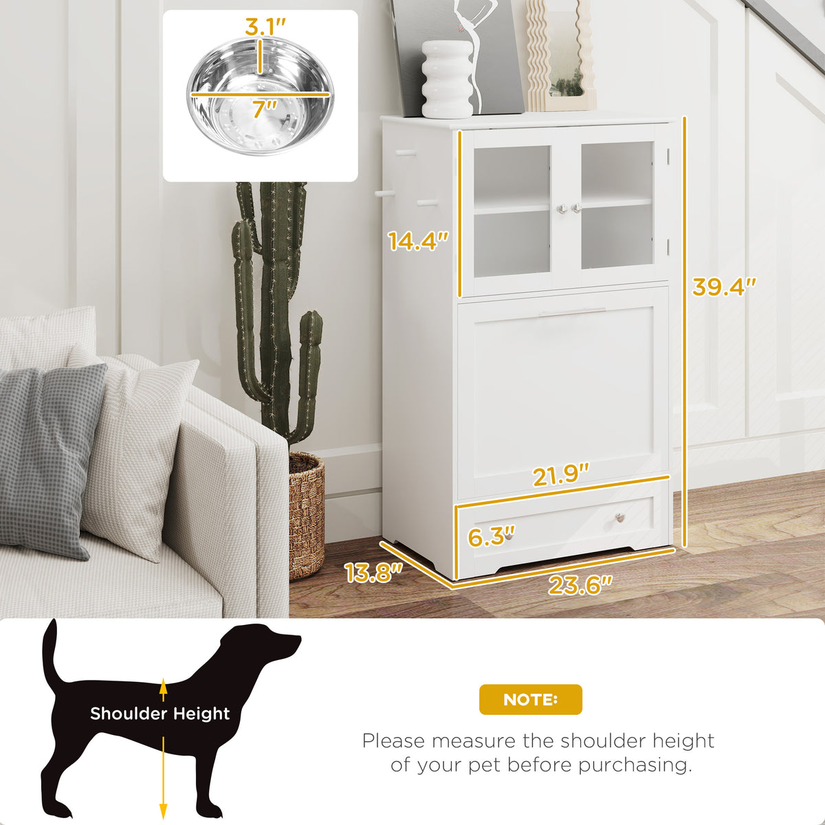 Dog Feeding Station with Two Storage Cabinets, Hidden Elevated Bowl Rack &amp; Leash Hooks, White – view 3